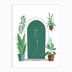 Green Door With Potted Plants Art Print