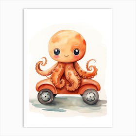 Baby Octopus On A Toy Car, Watercolour Nursery 3 Art Print