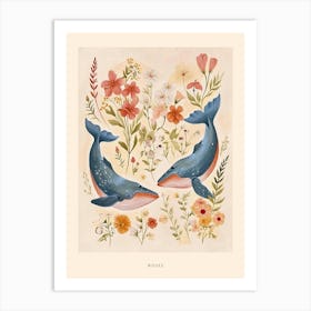 Folksy Floral Animal Drawing Whale Poster Art Print