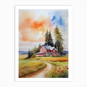 Watercolor Of A Red Barn Art Print