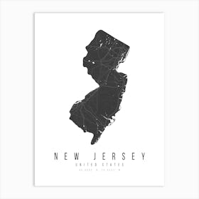 New Jersey Mono Black And White Modern Minimal Street Map Art Print