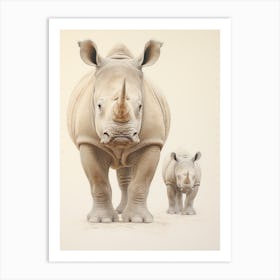 Two Rhinos Detailed Illustration 2 Art Print