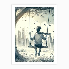 Moody Man on Swing Sketch 11 Art Print