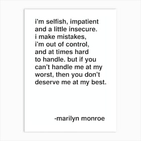 Selfish Marilyn Monroe Quote In White Art Print