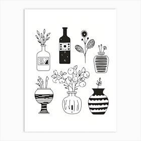 Flowers Collection Black And White Line Art Art Print
