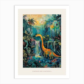 Dinosaur By A Waterfall Landscape Painting 1 Poster Art Print