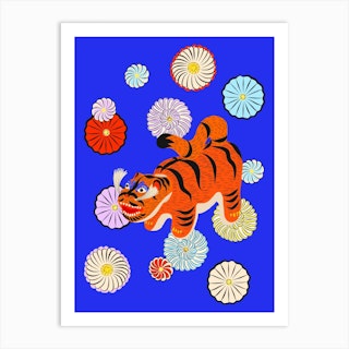 Hariko No Tora Chrysanthemum Blue Art Print