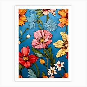 Colorful Flowers On Blue Background Art Print