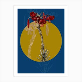 Vintage Botanical Vintage Lily on Circle Yellow on Blue Art Print