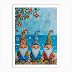 Kitsch Folk Painting Of Gnomes On The Beach 2 Art Print
