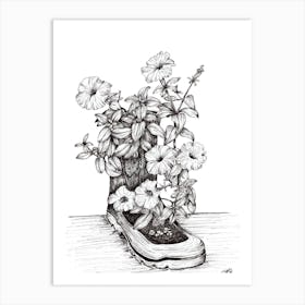 Black and White Flowers in a Boot Art Print