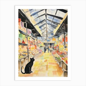 Food Market With Cats In Tokyo 4 Watercolour Art Print