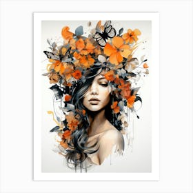 portrait illustration of woman with flowers 2 Art Print