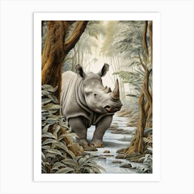 Rhino In The Stream Deep In The Forest Realistic Illustration 1 Art Print