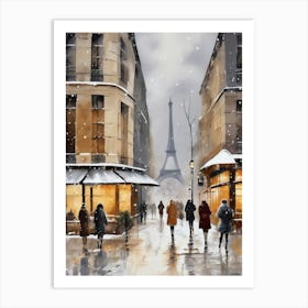 Paris cafes, winter season, Christmas, autumn oil colors, pale colors, pedestrians in the street, winter clothes, falling snow.12 Art Print