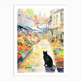 Food Market With Cats In Cambridge 1 Watercolour Art Print