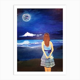 Once In A Blue Moon Girl On Beach At Night Art Print