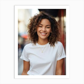 Confident Young Woman Smiling Posing In A Chic Stylish T Shirt Mid Shot Focus On Intricate Deta Art Print