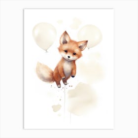 Baby Fox Flying With Ballons, Watercolour Nursery Art 4 Art Print