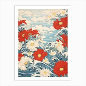 Great Wave With Dahlberg Daisy Flower Drawing In The Style Of Ukiyo E 1 Art Print