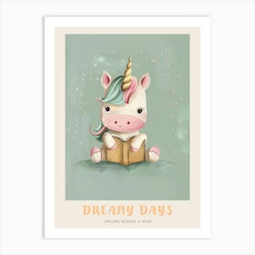 Pastel Storybook Style Unicorn Reading A Book 3 Poster Art Print