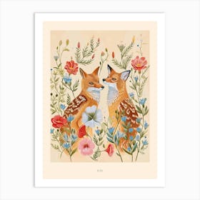 Folksy Floral Animal Drawing Fox Poster Art Print