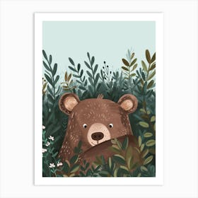 Brown Bear Hiding In Bushes Storybook Illustration 4 Art Print