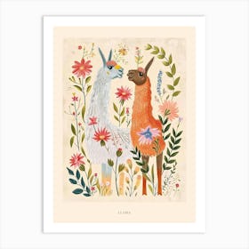 Folksy Floral Animal Drawing Llama 4 Poster Art Print