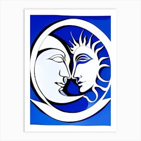 Sun And Moon 1 Symbol Blue And White Line Drawing Art Print