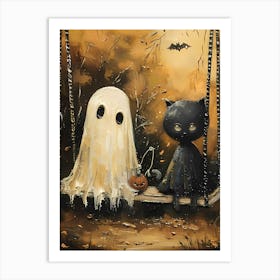 Ghost black cat And bat halloween Art Print