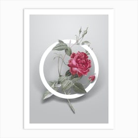 Vintage Blood Red Bengal Rose Minimalist Floral Geometric Circle on Soft Gray n.0202 Art Print