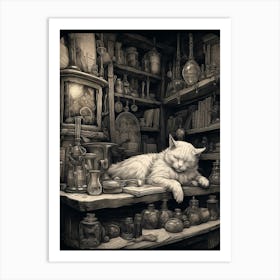 A Fluffy Cat Sleeping On The Desk In An Alchemy Black Etching Art Print