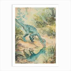 Dinosaur Drinking From A Watering Hole Illustration Art Print