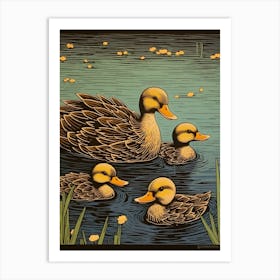 Ducklings In The Lake Japanese Woodblock Style 2 Art Print