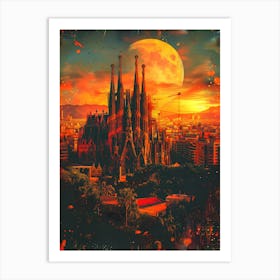 Sagrada Familia, Cityscape Collage Retro Art Print