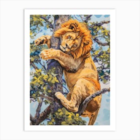 Southwest African Lion Climbing A Tree Fauvist Painting 1 Art Print