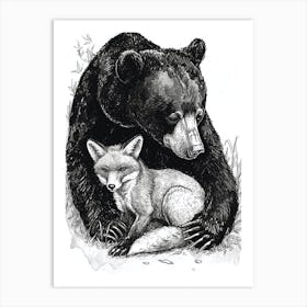 Malayan Sun Bear And A Fox Ink Illustration 3 Art Print