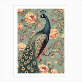 Chalk Blue With Pink Peonies Peacock Art Print
