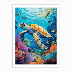 Sea Turtle In The Ocean Linograph Illustration 3 Art Print