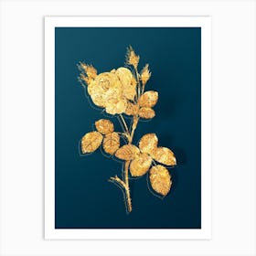 Vintage White Misty Rose Botanical in Gold on Teal Blue Art Print