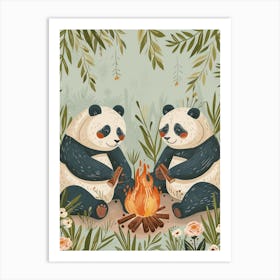 Giant Panda Two Bears Sitting Together By A Campfire Storybook Illustration 4 Art Print