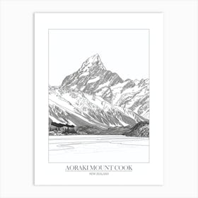 Aoraki Mount Cook New Zealand Line Drawing 4 Poster Art Print