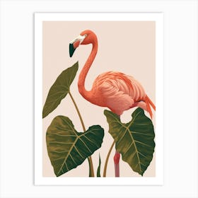 Lesser Flamingo And Alocasia Elephant Ear Minimalist Illustration 2 Art Print