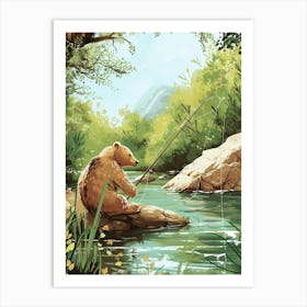 Sloth Bear Fishing In A Stream Storybook Illustration 2 Art Print