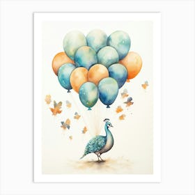 Peacock Flying With Autumn Fall Pumpkins And Balloons Watercolour Nursery 1 Art Print