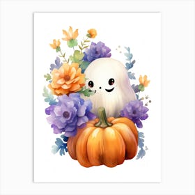 Cute Ghost With Pumpkins Halloween Watercolour 3 Art Print