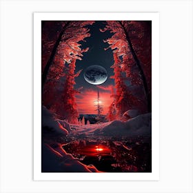 Fond De Paysage De Nuit De Lune De Forêt Art Print