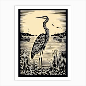 B&W Bird Linocut Great Blue Heron 4 Art Print