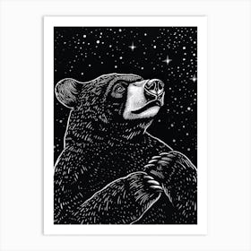 Malayan Sun Bear Looking At A Starry Sky Ink Illustration 8 Art Print