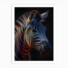 A stunning close-up of a zebra's head with vibrant, iridescent stripes illuminated in a spectrum of colors against a dark background. Art Print